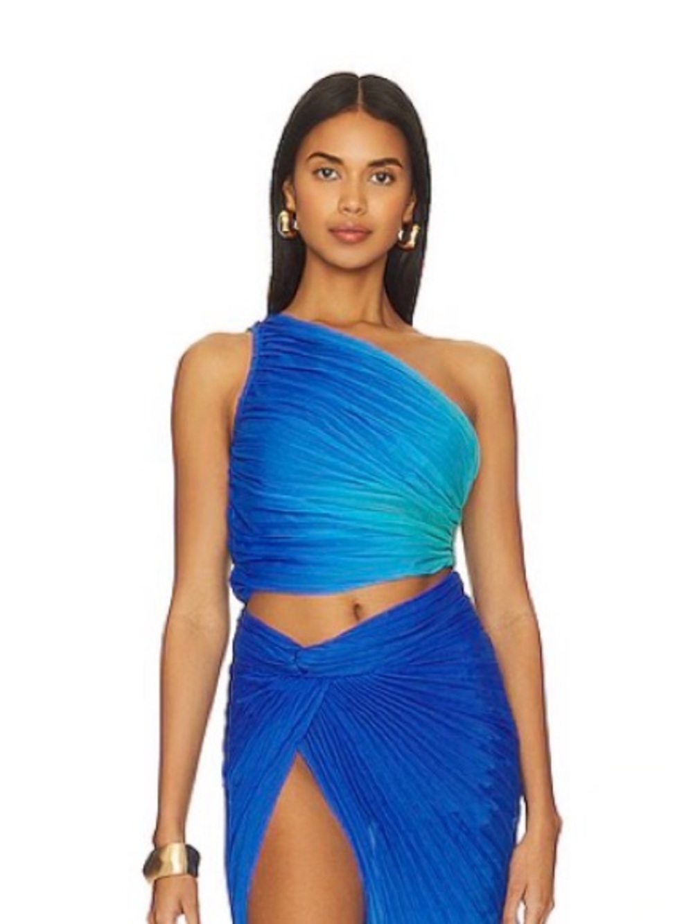 Rococo Sand Luca One-Shoulder Ombre Blue-Green Ruched Skirt Set Size Small